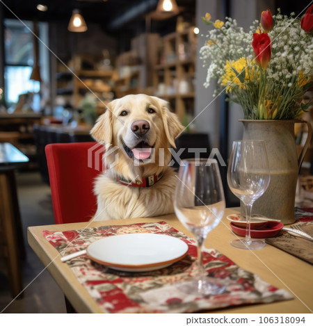 Cute dog sitting at the table in a coffee shop Cute dog sitting at the table in a coffee shop 106318094