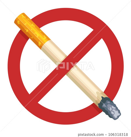 No smoking sign. Warning pictogram of smoking prohibition, cigarette with smoke and toxic fumes, flat prohibition and smoking addiction icons. Vector isolated set 106318318