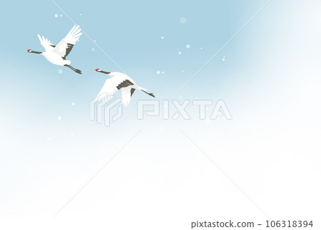 Illustration of a red-crowned crane flying in the winter sky 106318394