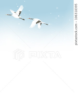 丹頂鶴在冬天的天空中飛翔的插圖 106318395