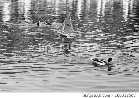 Photo on theme of lonely toy boat Photo on theme of lonely toy boat 106318503