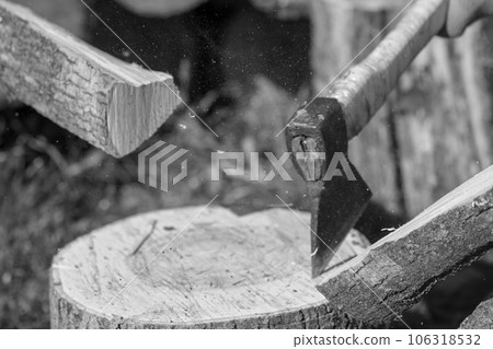 Photography on theme big steel axe with wooden handle Photography on theme big steel axe with wooden handle 106318532