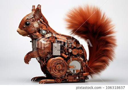 A red squirrel made of electronic machinery on a white background. Wildlife Animals. illustration. Generative AI. A red squirrel made of electronic machinery on a white background. Wildlife Animals. illustration. Generative AI. 106318637