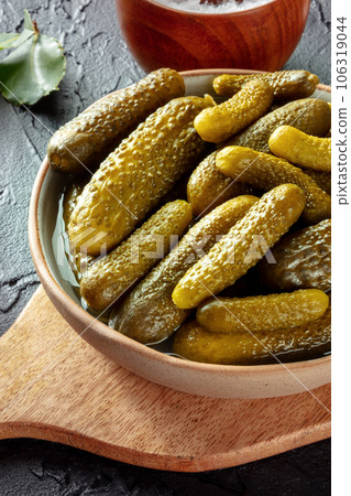 Pickled cucumbers. Fermented food. Homemade canned gherkins on 106319044
