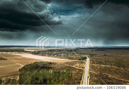 Forest Deforestation Area Landscape. Concept Of Save Nature. Forest Clearance. Uncontrolled Deforestation Concept. Autumn Season. Dark Dramatic Cloudy Sky With Storm Rain Clouds. Black Blue Sky Forest Deforestation Area Landscape. Concept Of Save Nature. Forest Clearance. Uncontrolled Deforestation Concept. Autumn Season. Dark Dramatic Cloudy Sky With Storm Rain Clouds. Black Blue Sky 106319086