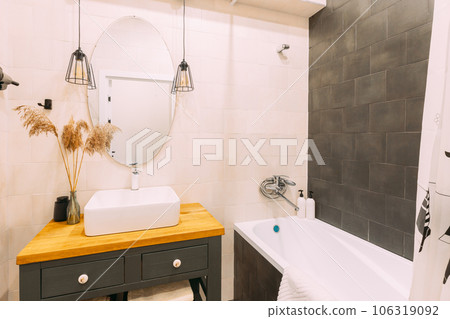 Modern Bath Room. Stylish Apartment Interior Of Bath Room. Idea For Home Design. Light Colors Of Design 106319092