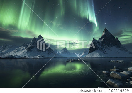 Colorful polar arctic Northern lights Aurora Borealis activity in winter Finland 106319209