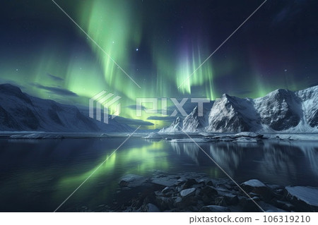 Aurora borealis over in the dark night sky over the snowy mountains 106319210