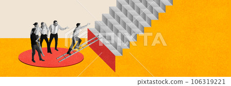 Overcoming difficult path, difficulties and fears. Man walking upwards stairs while people talking about him. Contemporary art collage. 106319221