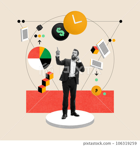 Concentrated and serious businessman talking on mobile phone, working with financial analytics. Contemporary art collage. 106319259