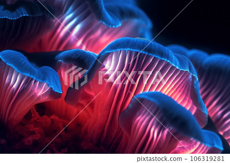 Extreme close up of mushrooms in the rays of the neon 106319281