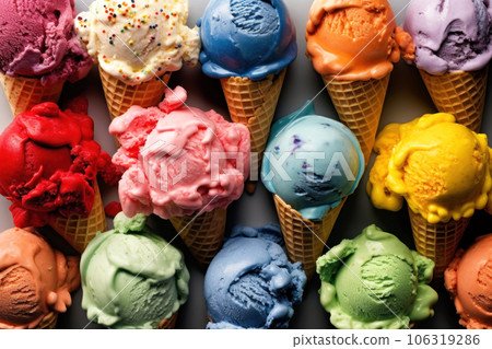 Lots of colorful delicious cold ice cream in waffle cones Lots of colorful delicious cold ice cream in waffle cones 106319286