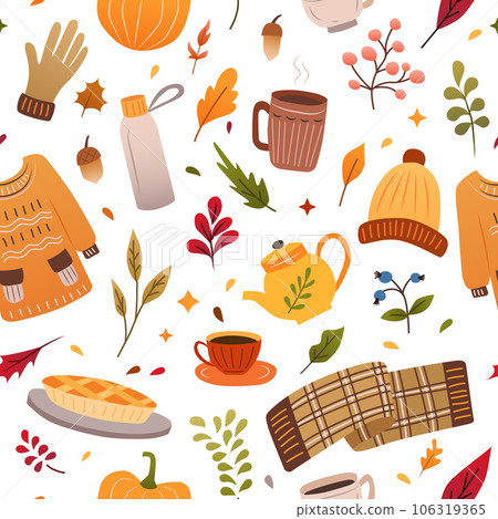 Autumn seamless pattern. Fall season autumn doodle elements. Hand drawn pumpkins, falling leaves, pie Autumn seamless pattern. Fall season autumn doodle elements. Hand drawn pumpkins, falling leaves, pie 106319365