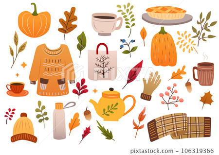 Autumn icons set. Fall season autumn doodle elements. Hand drawn pumpkins, falling leaves, pie Autumn icons set. Fall season autumn doodle elements. Hand drawn pumpkins, falling leaves, pie 106319366