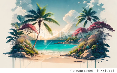 Tropical Beach Vacation Concept Watercolor Ink Artwork Tropical Beach Vacation Concept Watercolor Ink Artwork 106319441