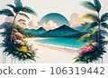 Tropical Vacation Concept Watercolor Ink Artwork with Palms, Mountains 106319442