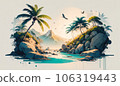 Tropical Vacation Concept Watercolor Ink Artwork with Palms, Mountains 106319443
