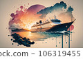 Cruise Ship. Holiday Travel Ink Watercolor Poster With Cruise Liner 106319455