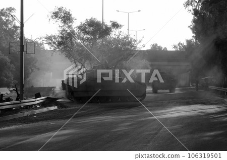 Military army vehicle tank on tracks with barrel after victorious war 106319501
