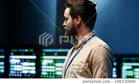 Close up of computer scientist monitoring server hub, optimizing it for data processing requirements of AI workloads. Supervisor overseeing neural network high tech facility used for machine learning Close up of computer scientist monitoring server hub, optimizing it for data processing requirements of AI workloads. Supervisor overseeing neural network high tech facility used for machine learning 106320006