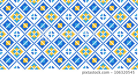 Ukrainian vector textile, fabric, cloth seamless pattern, print. Ukrainian folk, ethnic pattern in yellow and blue colors. Pixel art, vyshyvanka, cross stitch 106320545