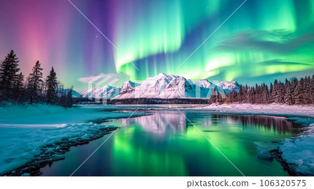 solar northern lights in the sky above mountain landscape with river solar northern lights in the sky above mountain landscape with river 106320575