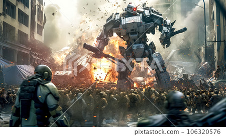 military robot transformer in a futuristic war city. military robot transformer in a futuristic war city. 106320576