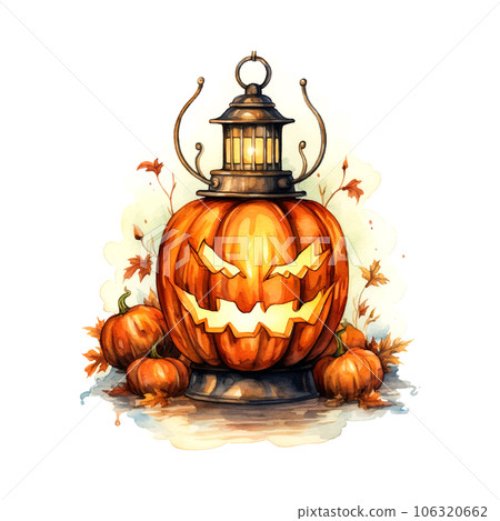 Yellow halloween pumpkin lamp watercolor in retro style on white background clipart Yellow halloween pumpkin lamp watercolor in retro style on white background clipart 106320662