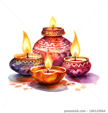 Diwali oil lamps watercolor on white background clipart 106320664