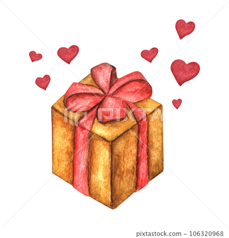 Box with red ribbon and heart shape. watercolor illustration. Box with red ribbon and heart shape. watercolor illustration. 106320968
