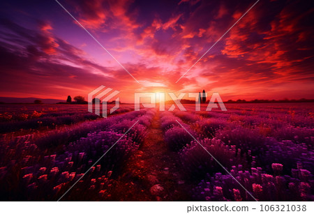 Lavender Field at Sunset with Red and Orange Sky - AI Generated 106321038