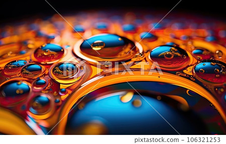 Multicolored drops of water on surface. Water in the red wallpaper. For banner, postcard, book illustration. Created with generative AI tools Multicolored drops of water on surface. Water in the red wallpaper. For banner, postcard, book illustration. Created with generative AI tools 106321253