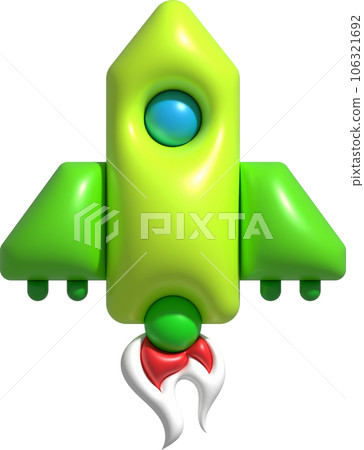 3d cartoon style minimal spaceship rocket icon. Toy rocket upswing. Startup, space, business concept. 106321692