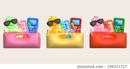 Kids toys box vector baby container with toyshop Rubber duck toy piano keyboard gamepad set illustration 106321727