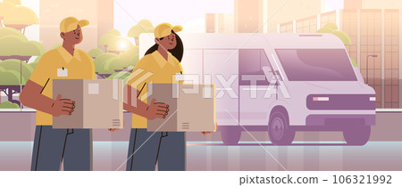 deliverymen holding cardboard boxes near delivery van couriers carrying parcels express delivery service happy labor day celebration deliverymen holding cardboard boxes near delivery van couriers carrying parcels express delivery service happy labor day celebration 106321992
