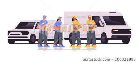 deliverymen holding cardboard boxes near delivery van couriers carrying parcels express delivery service happy labor day celebration concept deliverymen holding cardboard boxes near delivery van couriers carrying parcels express delivery service happy labor day celebration concept 106321993