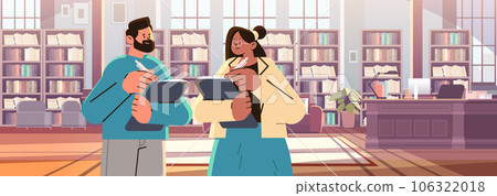 man woman teachers couple reading books in library happy labor day celebration concept horizontal man woman teachers couple reading books in library happy labor day celebration concept horizontal 106322018