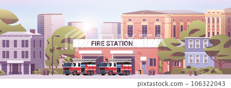 Fire station building fire department house facade and red emergency vehicle horizontal Fire station building fire department house facade and red emergency vehicle horizontal 106322043