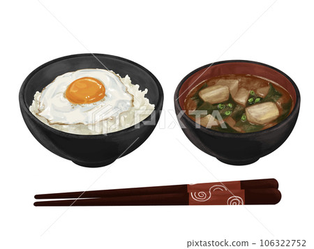 Hand-drawn illustration of fried egg rice and hot miso soup Hand-drawn illustration of fried egg rice and hot miso soup 106322752