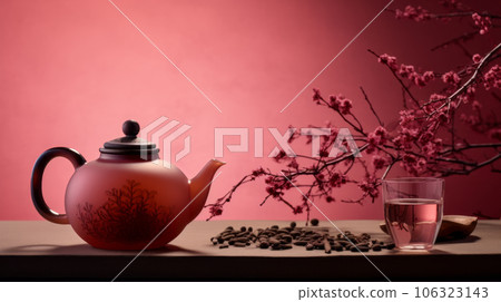 A cup of tea and flowers on pink background 106323143