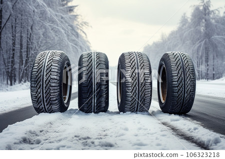 Winter car tires on a snow-covered road Winter car tires on a snow-covered road 106323218