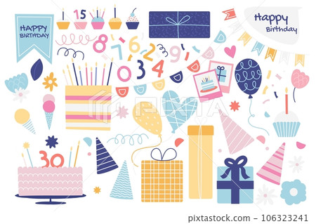 Birthday party set. Cartoon colorful elements for party celebration, colorful sweet elements for greeting card decoration. Vector isolated collection Birthday party set. Cartoon colorful elements for party celebration, colorful sweet elements for greeting card decoration. Vector isolated collection 106323241