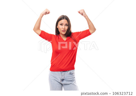 30 year old caucasian woman with straight dark hair dressed in a red shirt is inspired by an idea on 106323712