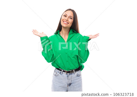young european brunette woman with brown eyes in green blouse isolated on white background with copy 106323718