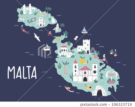 Malta island hand drawn illustrated map with attractions, travel destinations. 106323719