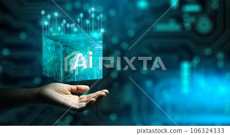 Human hand holding Ai Processor chip of Cube Technology. Big data storage, Cloud computing, Machine learning, Ai blockchain technology. Artificial intelligence learnability Concept. 106324333