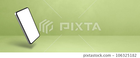 Floating smartphone isolated on green. Horizontal banner background 106325182