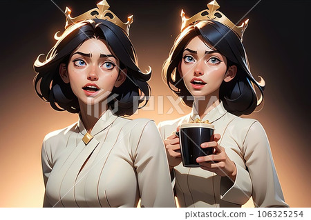 Young manga anime girl coffee queens twins with crown and wearing a coffee beans dress and getting high with a coffee cup illustration generative ai 106325254