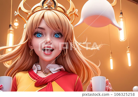 Blonde Young manga anime girl coffee queen with crown and wearing a coffee beans dress and getting high with a coffee cup illustration generative ai 106325258
