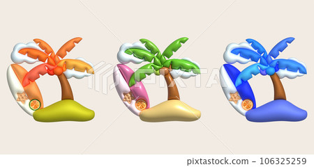 3d illustration coconut trees and clouds and surfboards 106325259